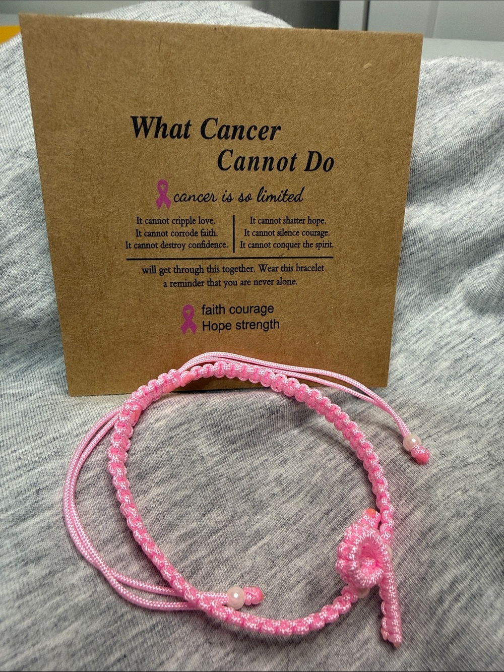 Pink Cancer Awareness Adjustable Cord Bracelet with Ribbon Charm